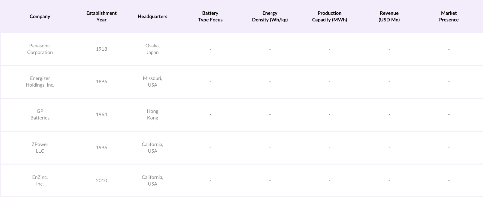 Global Zinc Battery Market Competitive Landscape
